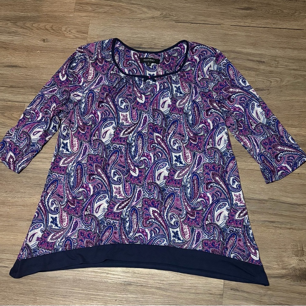 Ellen Tracy - Navy & Purple Paisley Scoop Neck Tunic with Navy Trim - Size Large